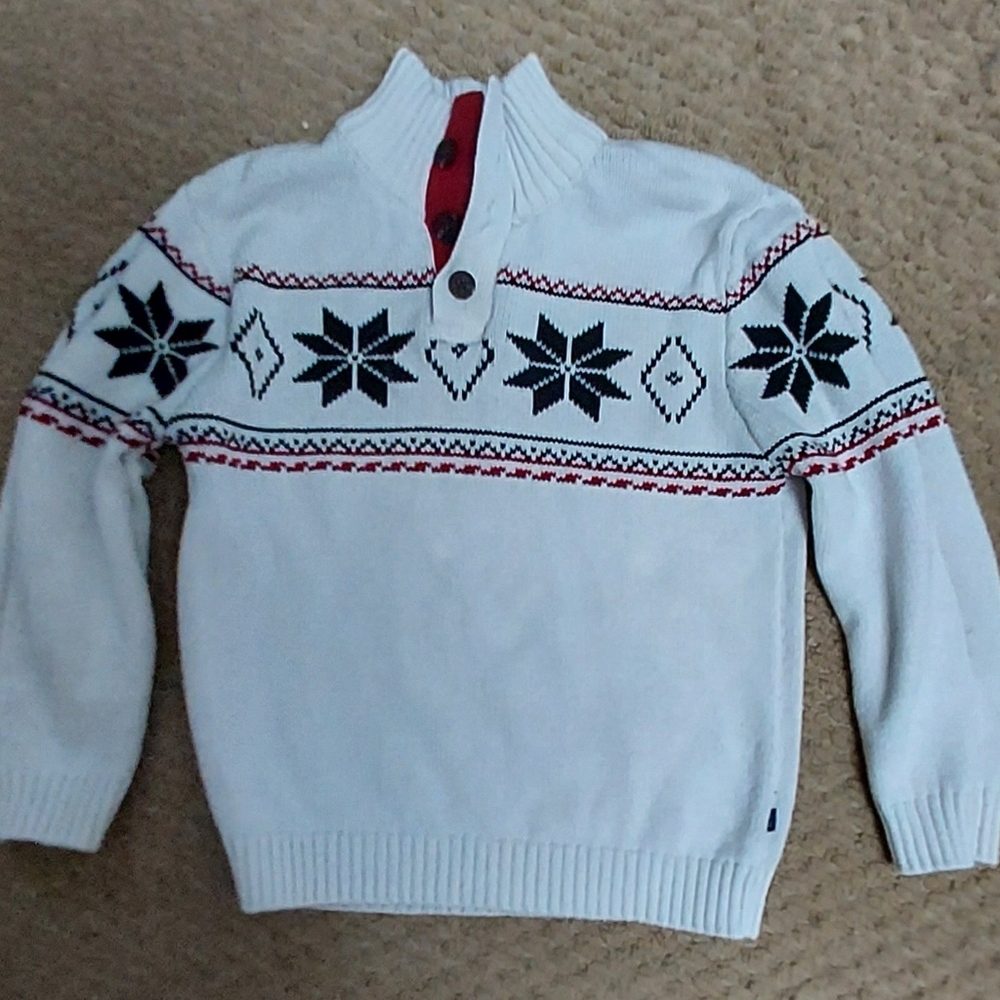 Izod Fair Isle Sweater Holiday Button Neck Boys 5T White Red Black Cotton